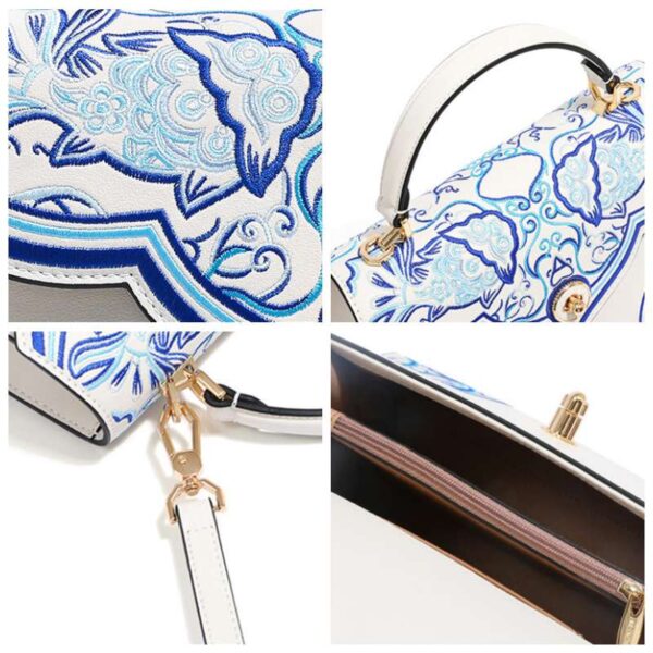 Embroidery Leather Blue Tote Bag Fortune Koi Fish Handbag - 图片 8