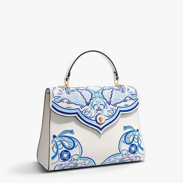 Embroidery Leather Blue Tote Bag Fortune Koi Fish Handbag - 图片 11