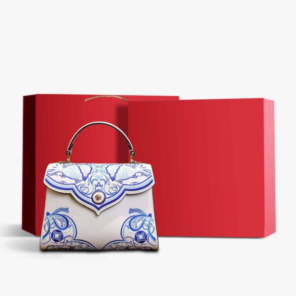 Embroidery Leather Blue Tote Bag Fortune Koi Fish Handbag - 图片 15