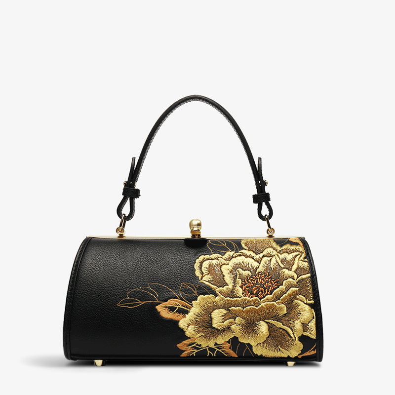 Embroidery Leather Chain Barrel Bag Royal Gold Peony Luxury Handbag - 图片 13