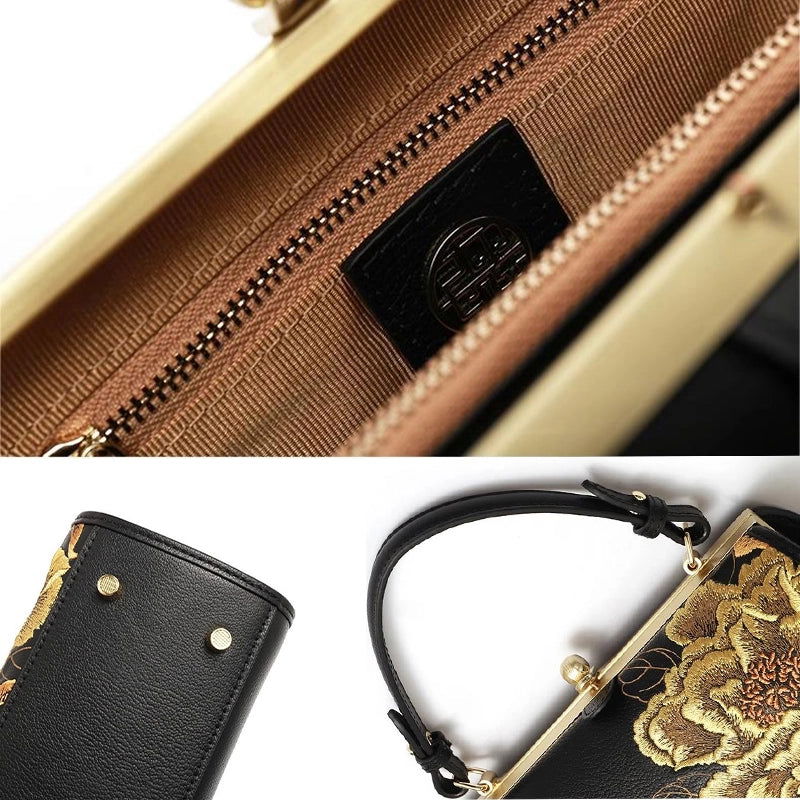 Embroidery Leather Chain Barrel Bag Royal Gold Peony Luxury Handbag - 图片 11