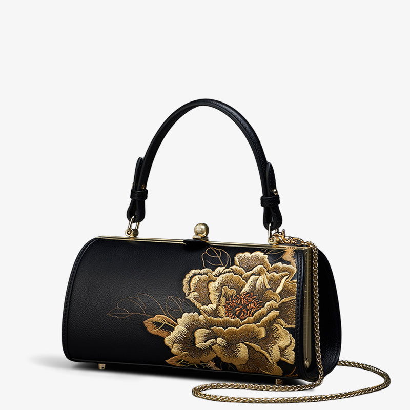 Embroidery Leather Chain Barrel Bag Royal Gold Peony Luxury Handbag - 图片 12