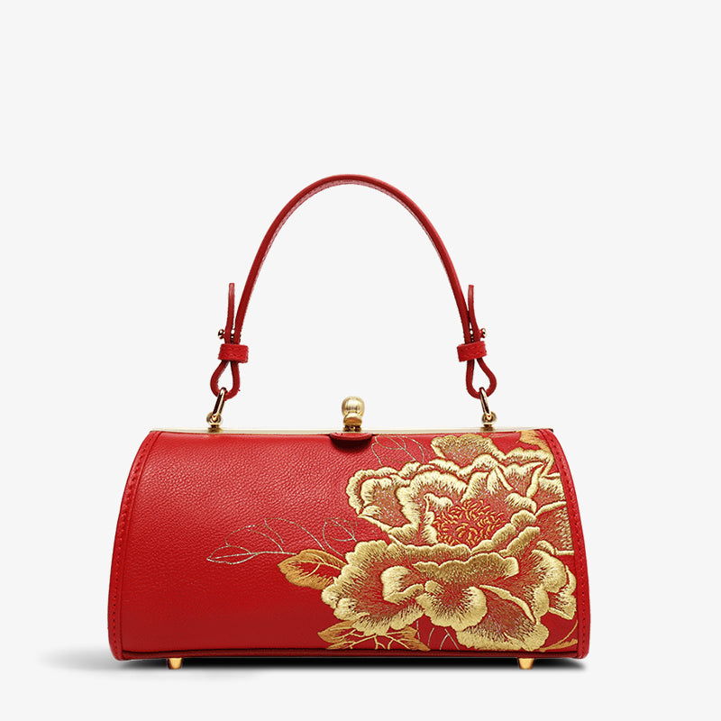 Embroidery Leather Chain Barrel Bag Royal Gold Peony Luxury Handbag - 图片 14