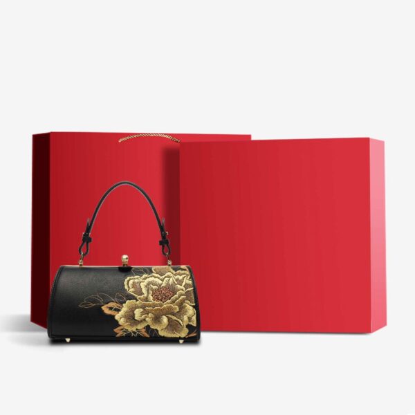 Embroidery Leather Chain Barrel Bag Royal Gold Peony Luxury Handbag - 图片 15
