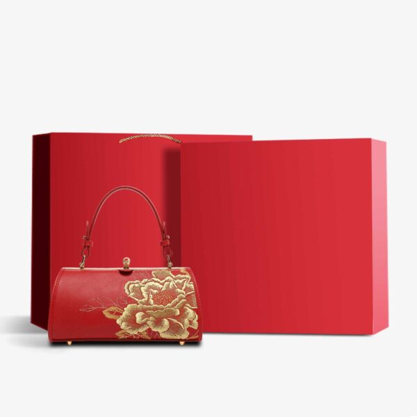 Embroidery Leather Chain Barrel Bag Royal Gold Peony Luxury Handbag - 图片 16