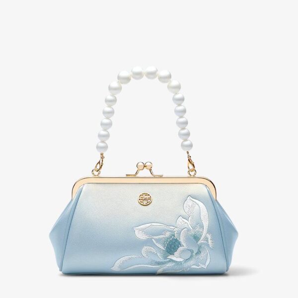 Embroidery Leather Kiss Lock Clutch Bag Lotus Evening Handbag - 图片 11