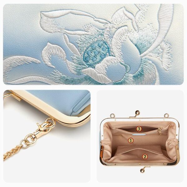 Embroidery Leather Kiss Lock Clutch Bag Lotus Evening Handbag - 图片 10