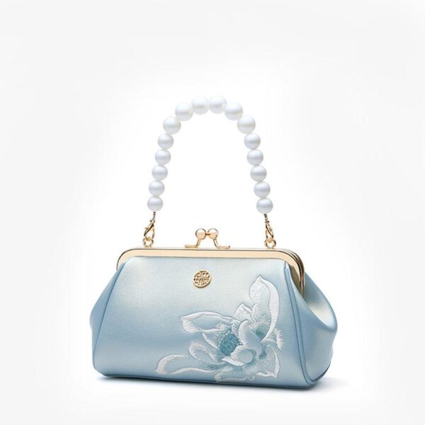 Embroidery Leather Kiss Lock Clutch Bag Lotus Evening Handbag - 图片 12