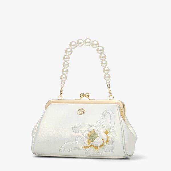 Embroidery Leather Kiss Lock Clutch Bag Lotus Evening Handbag - 图片 14
