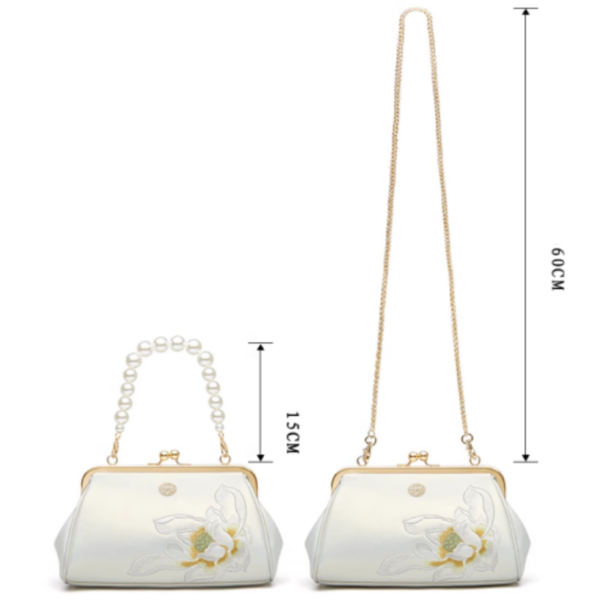 Embroidery Leather Kiss Lock Clutch Bag Lotus Evening Handbag - 图片 16