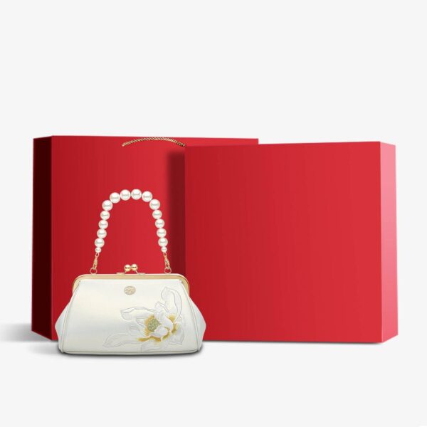 Embroidery Leather Kiss Lock Clutch Bag Lotus Evening Handbag - 图片 19