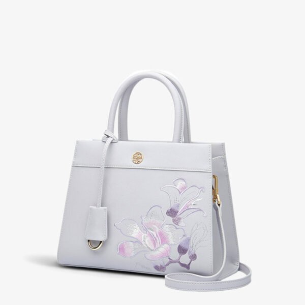 Embroidery Leather Tote Bag Purple Bauhinia Crossbody Handbag - 图片 6