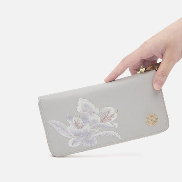 Embroidery Leather Grey Wallet Camellia - 图片 2