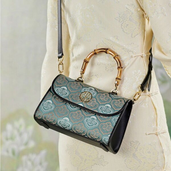 Embroidery Leather Bag Zhuang Brocade Bamboo Handle Handbag - 图片 3