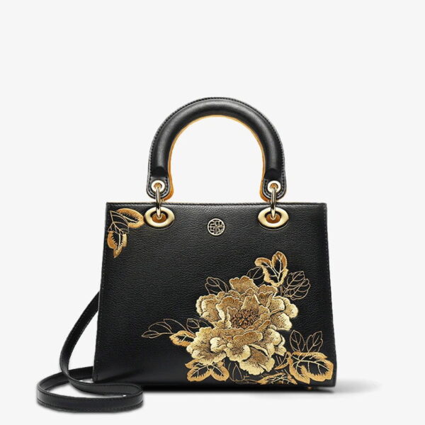 Embroidery Leather Black Lady Bag Gold Peony Luxury Handbag - 图片 16