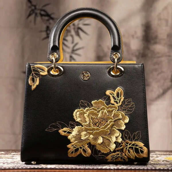 Embroidery Leather Black Lady Bag Gold Peony Luxury Handbag - 图片 2
