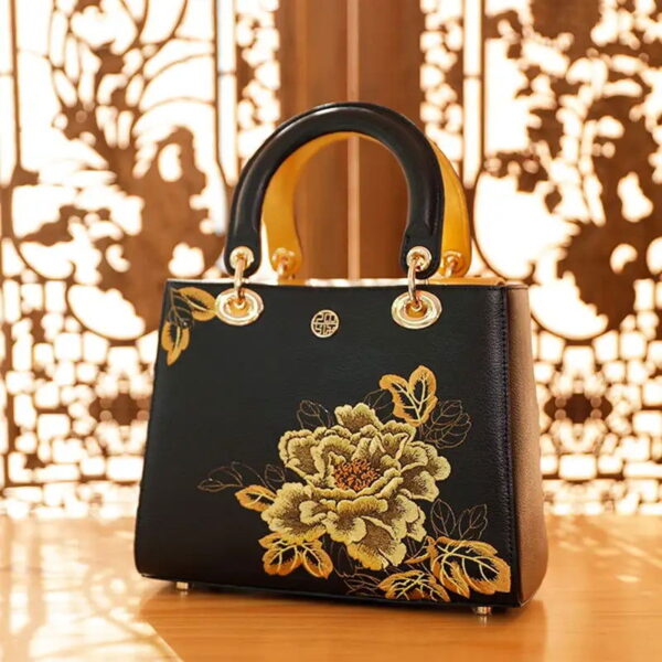 Embroidery Leather Black Lady Bag Gold Peony Luxury Handbag - 图片 7