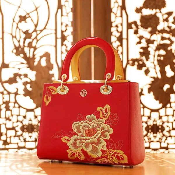 Embroidery Leather Black Lady Bag Gold Peony Luxury Handbag - 图片 8