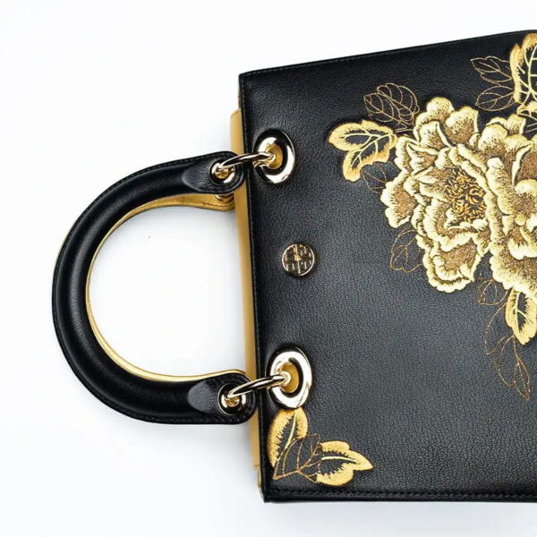 Embroidery Leather Black Lady Bag Gold Peony Luxury Handbag - 图片 9