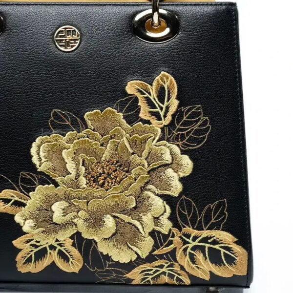 Embroidery Leather Black Lady Bag Gold Peony Luxury Handbag - 图片 10