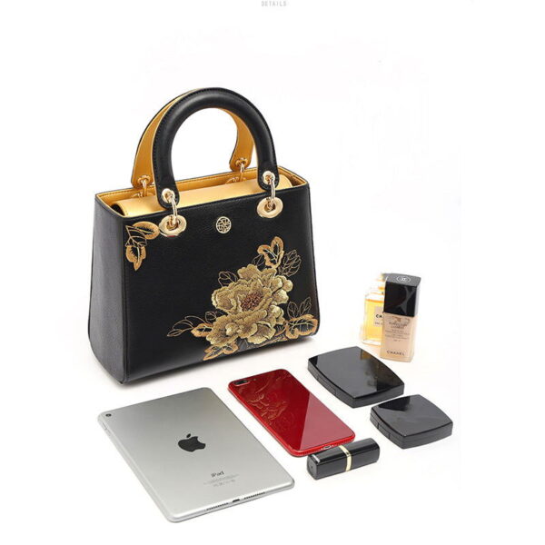 Embroidery Leather Black Lady Bag Gold Peony Luxury Handbag - 图片 15