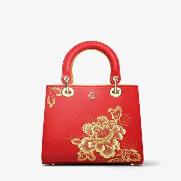 Embroidery Leather Black Lady Bag Gold Peony Luxury Handbag - 图片 17