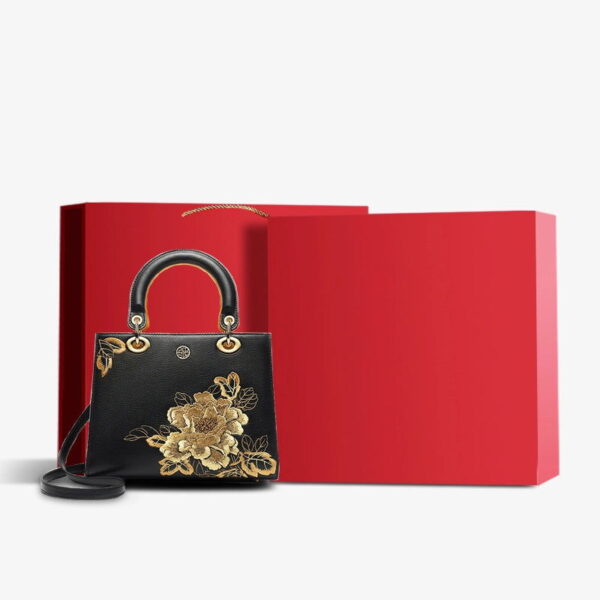 Embroidery Leather Black Lady Bag Gold Peony Luxury Handbag - 图片 18