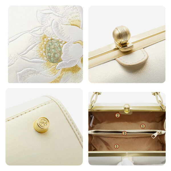 Embroidery Leather White Shoulder Bag Lotus Elegant Handbag - 图片 7