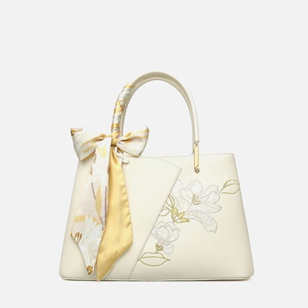 Embroidery Leather Magnolia Tote Bag Elegant Women Handbag with Scarf - 图片 8