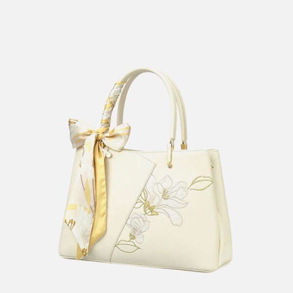 Embroidery Leather Magnolia Tote Bag Elegant Women Handbag with Scarf - 图片 9