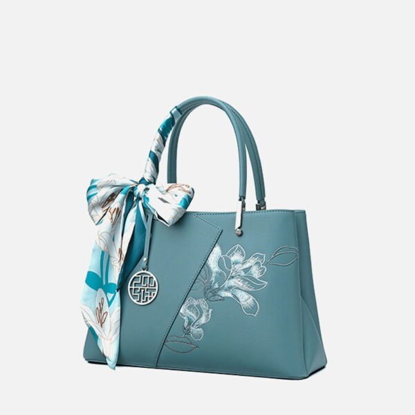 Embroidery Leather Magnolia Tote Bag Elegant Women Handbag with Scarf - 图片 15