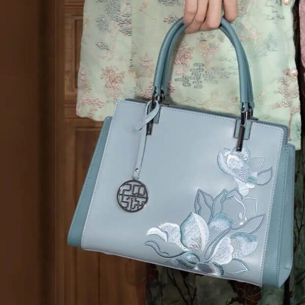 Embroidery Leather Magnolia Crossbody Tote Bag Women Handbag - 图片 4