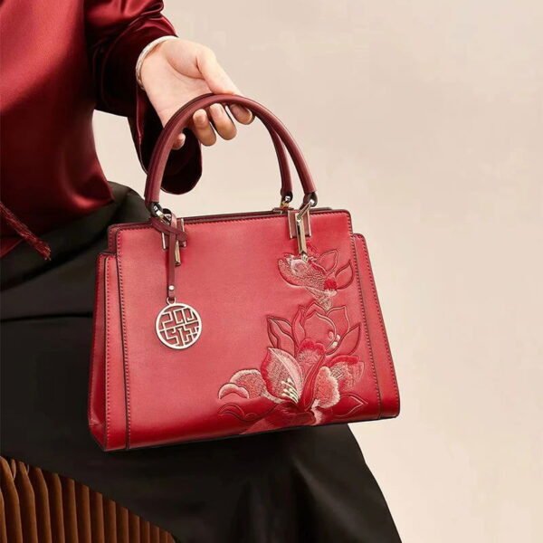 Embroidery Leather Magnolia Crossbody Tote Bag Women Handbag - 图片 7