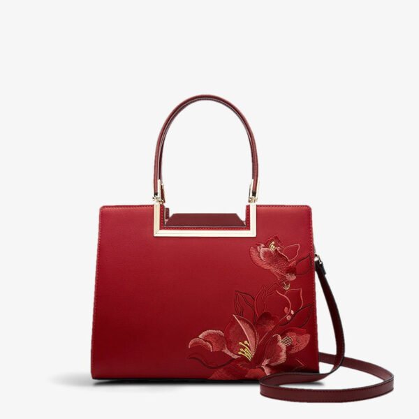 Sinocultural Embroidery Leather Red Tote Bag Magnolia Women's Handbag - 图片 14