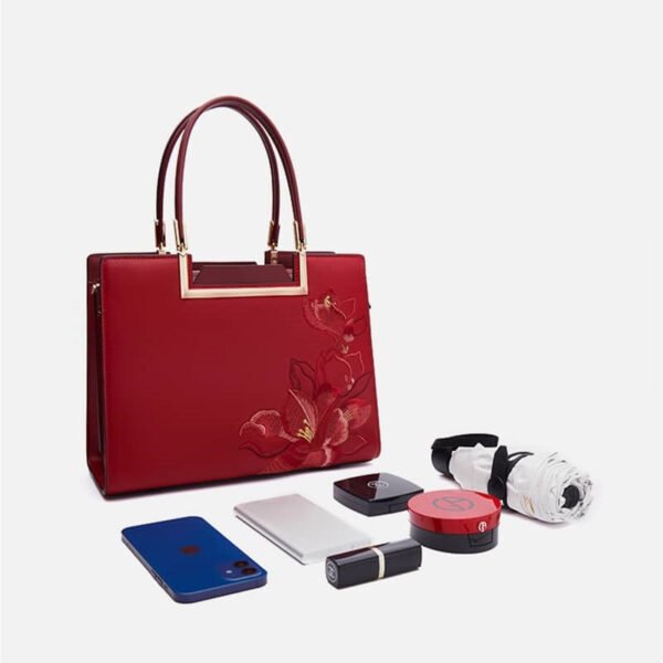 Sinocultural Embroidery Leather Red Tote Bag Magnolia Women's Handbag - 图片 12