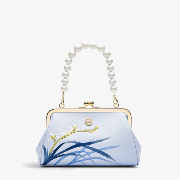 Embroidery Leather Blue Chain Kiss Lock Clutch Handbag Orchid - 图片 9