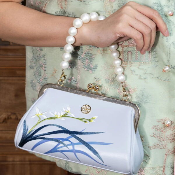 Embroidery Leather Blue Chain Kiss Lock Clutch Handbag Orchid - 图片 6