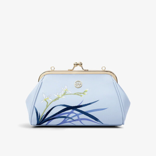 Embroidery Leather Blue Chain Kiss Lock Clutch Handbag Orchid - 图片 10