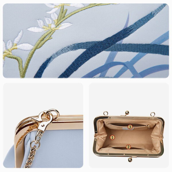 Embroidery Leather Blue Chain Kiss Lock Clutch Handbag Orchid - 图片 7