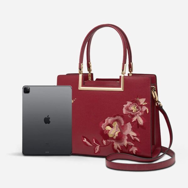 Embroidery Leather Peony Tote Bag Chinese Style Luxury Handbag - 图片 5