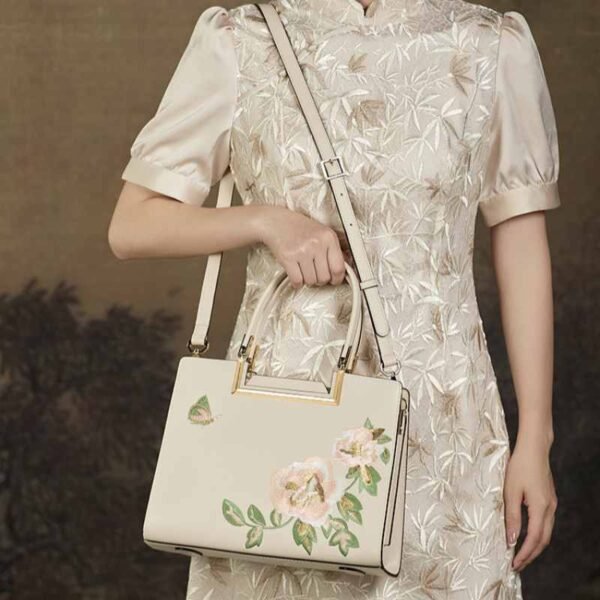 Embroidery Leather Peony Tote Bag Chinese Style Luxury Handbag - 图片 2