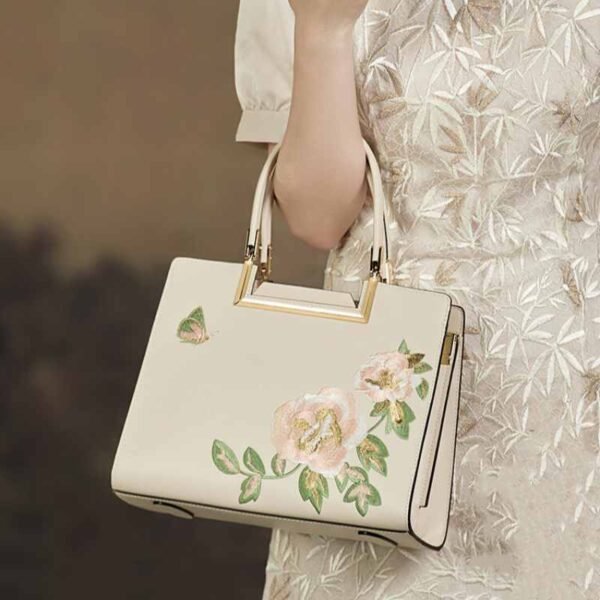 Embroidery Leather Peony Tote Bag Chinese Style Luxury Handbag - 图片 3