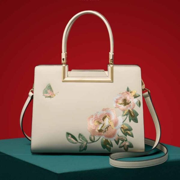 Embroidery Leather Peony Tote Bag Chinese Style Luxury Handbag - 图片 4