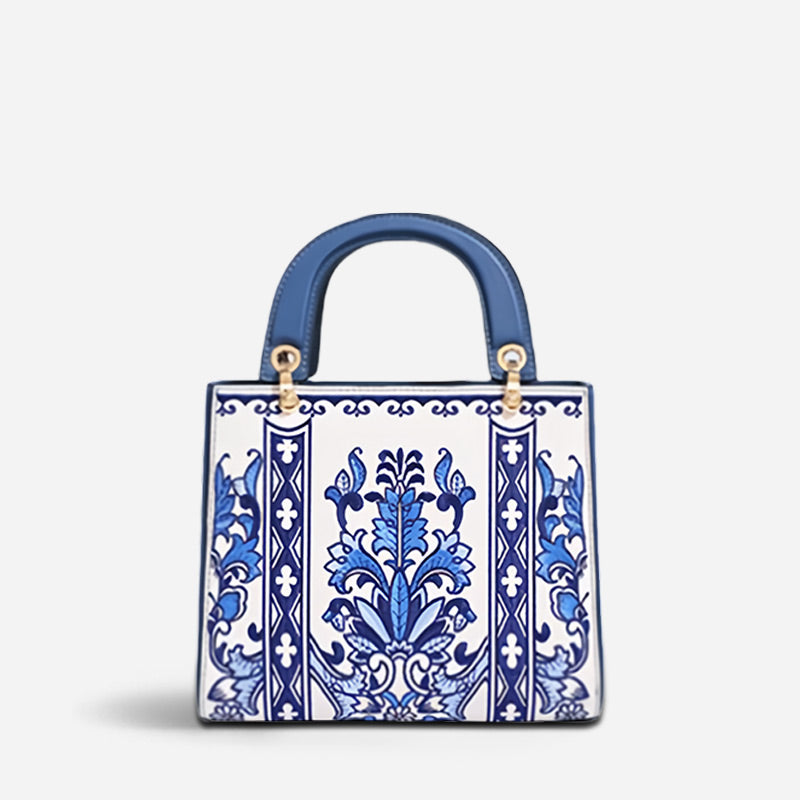 Handcrafted Embroidery Leather Handbag Blue and White Porcelain - 图片 11