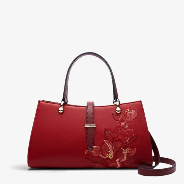 Embroidery Leather Red Magnolia Women's Crossbody Handbag - 图片 5