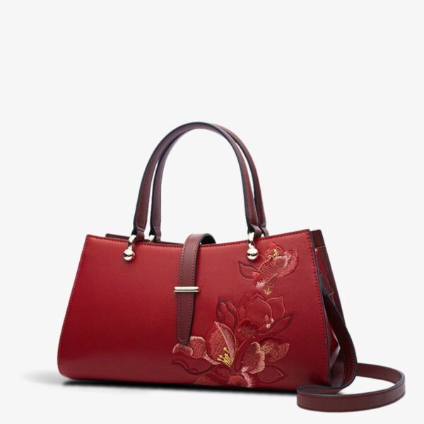 Embroidery Leather Red Magnolia Women's Crossbody Handbag - 图片 6