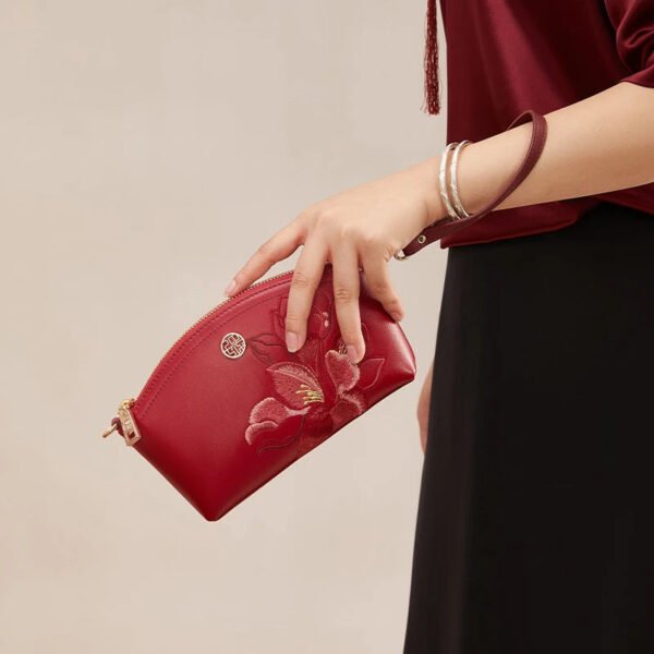 Embroidery Leather Red Magnolia Women's Handbag Wallet - 图片 5