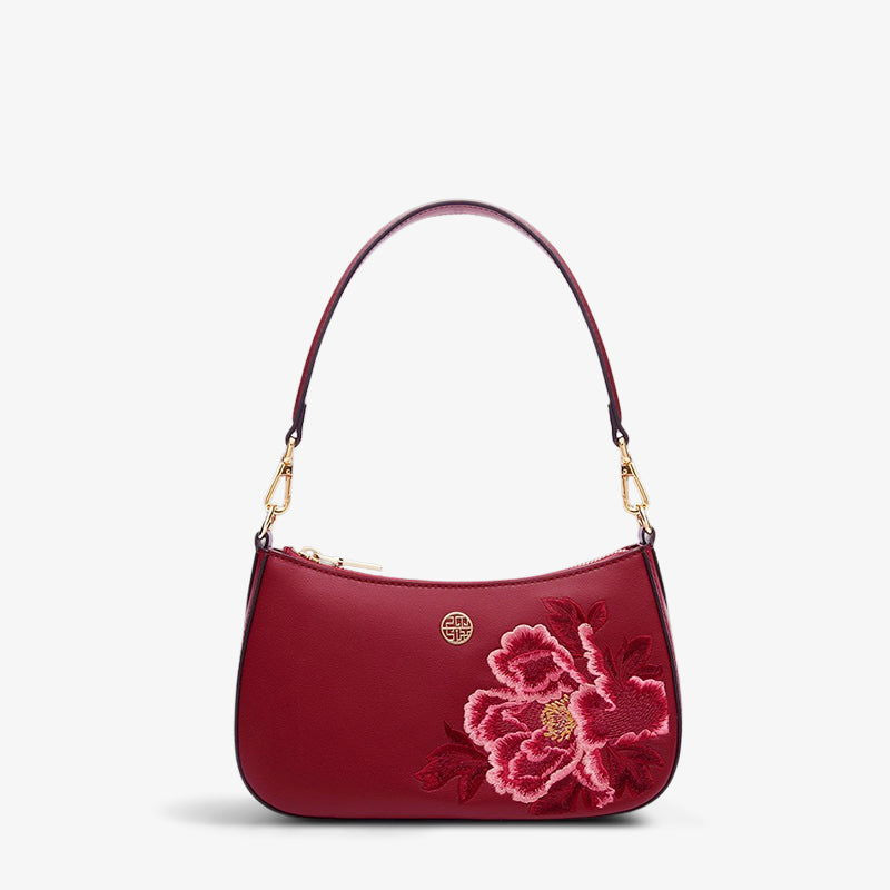 Embroidery Leather Red Shoulder Bag Peony Women's Hobo Handbag - 图片 13