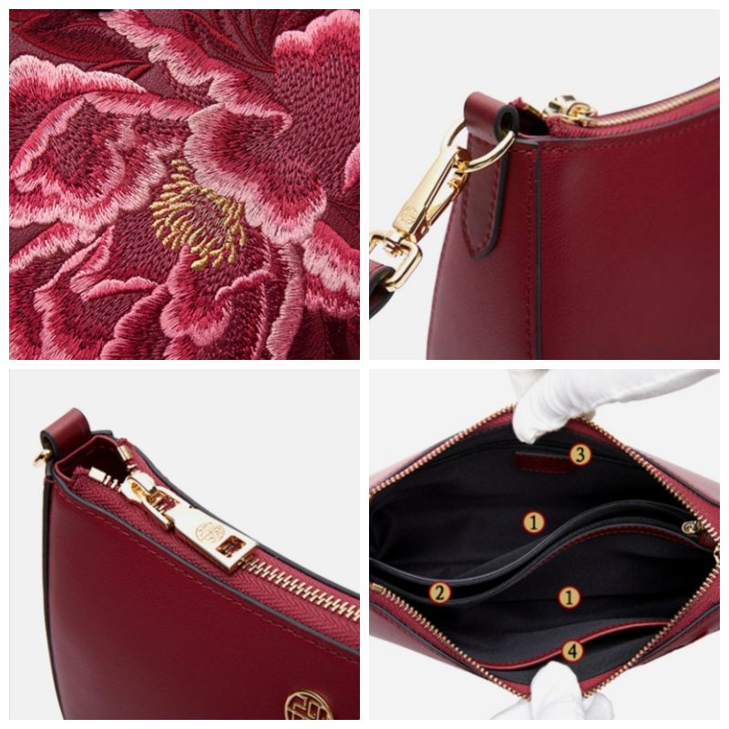 Embroidery Leather Red Shoulder Bag Peony Women's Hobo Handbag - 图片 12