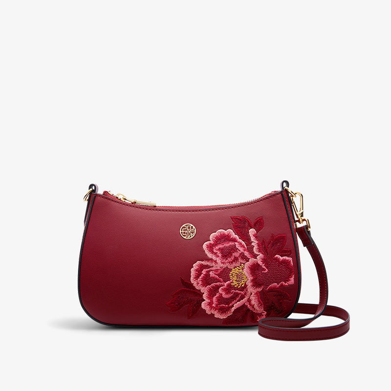 Embroidery Leather Red Shoulder Bag Peony Women's Hobo Handbag - 图片 16